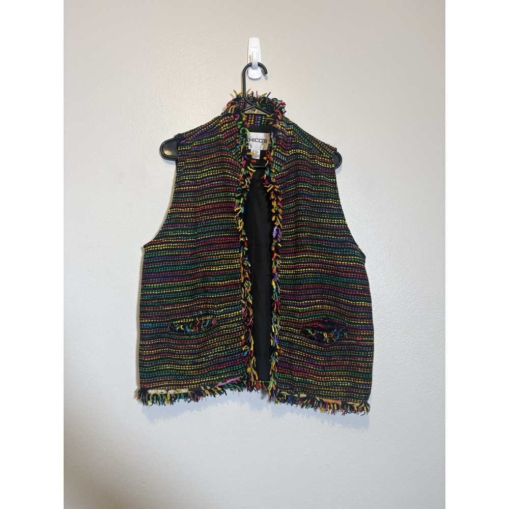 Chicos Vest Size 1 Multicolored Fringe Tweed 90s/y2k Festival Vtg Boho Artsy